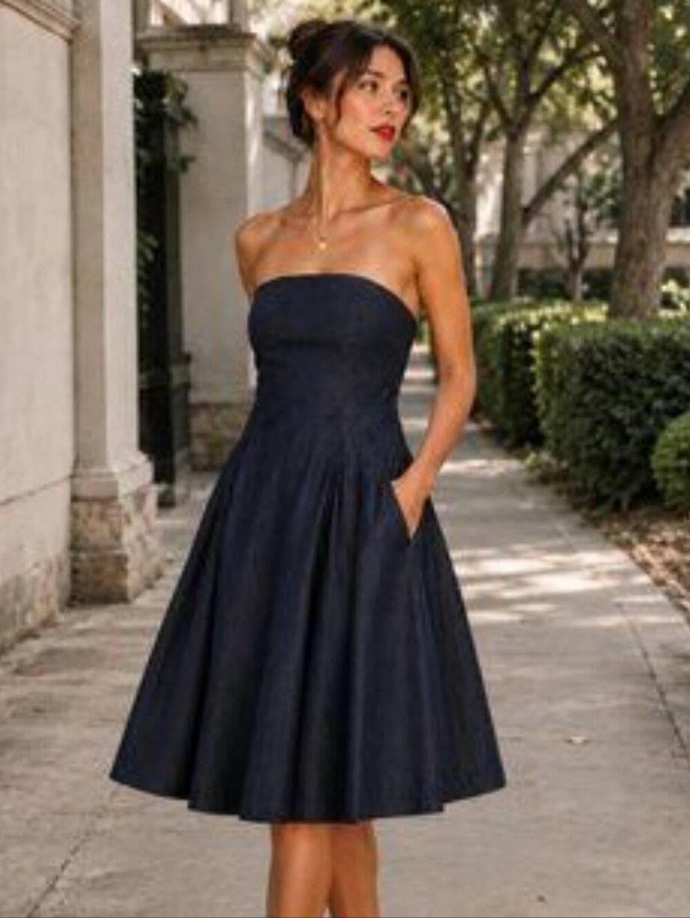 WHBM Navy Denim-Looking A-Line Dress with Pockets and Removable Straps - Size 2